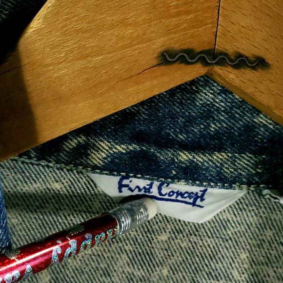 Vtg  Acid Wash Denim Jacket Womens Large Glitter Design First Concept Distressed - Picture 8 of 8